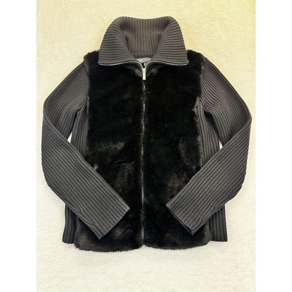 Jones New‎ York Merino Wool Sweater Women Black S Petite Plush Faux Fur